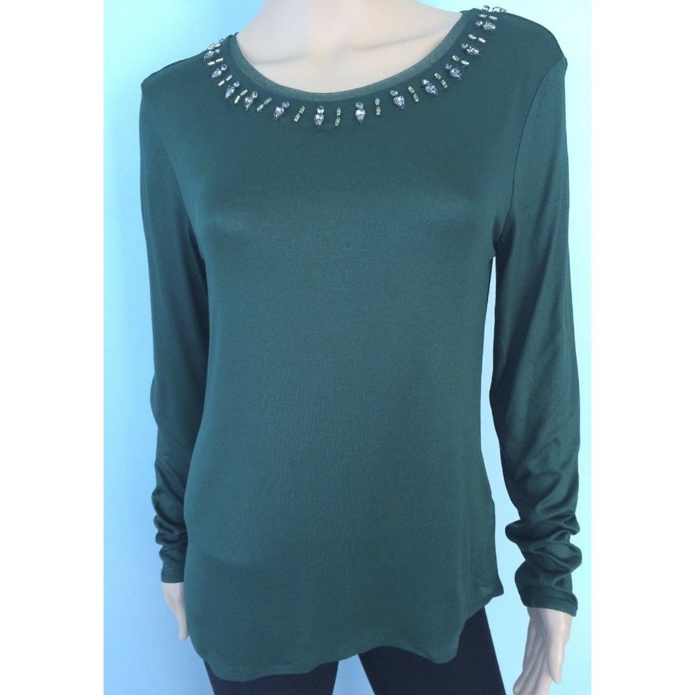 NWT Massimo Dutti Women's Top Sweater Green Long Sleeve Rhinestone Crystal S - Picture 1 of 12